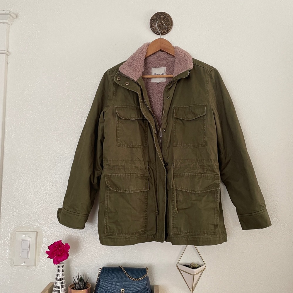 Madewell Sherpa Lined Military Jacket Olive Green Pink Faux Fur K5936 Womens S